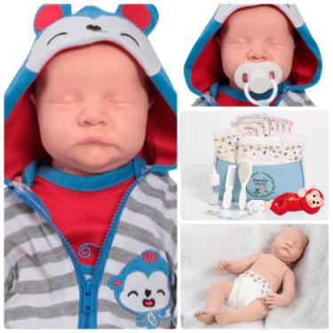 Imagem de Bebê Reborn com Roupinha de Macaquinho Pelúcia e Mamadeira - Cegonha R