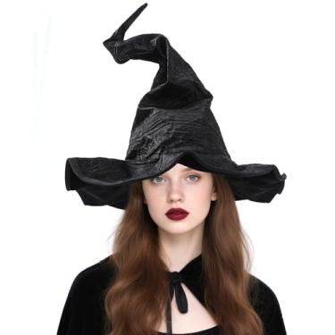 Imagem de RENEMEGO Chapéu de bruxa de Halloween para mulheres, chapéu de bruxa franzido, fantasia de Halloween, baile de máscaras, acessórios de carnaval renascentista, Preto, tamanho �nico