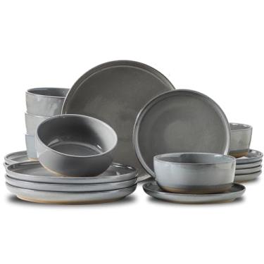 Imagem de Hasense Conjunto de pratos e tigelas de grés, conjuntos de louça de porcelana para 6, conjuntos de pratos de cerâmica com padrão salpicado, resistente a arranhões, seguro para micro-ondas e