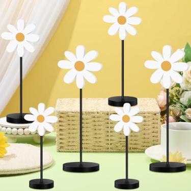 Imagem de Geetery 6 peças margarida em pé decoração de mesa em camadas de madeira placa margarida centro de mesa decoração de mesa conjunto de blocos rústicos para decoração de mesa de festa casa de fazenda mesa