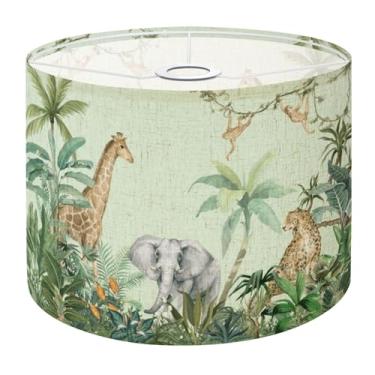 Imagem de Candeeiros de tambor Boho – 28 x 28 cm x 22,6 cm crianças safári animais selvagens berçário animais tropicais bebê arte de parede abajur de linho natural para lâmpadas de mesa, luminárias de chão