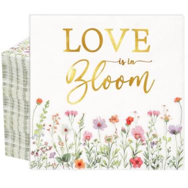 Imagem de Engrowtic 100 peças Love Is in Bloom Guardanapos florais de chá de panela guardanapos de papel de flores silvestres coloridos decorações de chá de panela com tema de flores florais para casamento