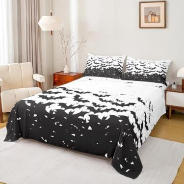 Imagem de Jogo de lençol casal com morcegos negros, feliz dia das bruxas antes do Natal, decoração de quarto de meninos e adultos, feriado de Halloween, preto e branco, 4 peças (lençol + lençol + 2 fronhas)