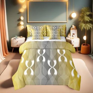 Imagem de Jogo de cama Queen amarelo e cinza, moderno, listras onduladas, estilo abstrato em uma bolsa, conjunto de edredom geométrico de arte estética com lençóis, estampa de linha clássica gradiente, conjunto