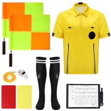 Imagem de ZhouBoat Kit de árbitro de futebol, 6 peças, camisa de árbitro de futebol, uniforme de árbitro, bandeiras, apito esportivo, meias de futebol, caderno de árbitro, fantasia de árbitro de futebol para