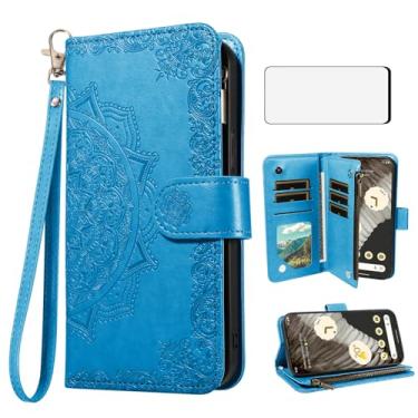 Imagem de Asuwish Capa de celular para celular Google Pixel 7 Pro 5G com protetor de tela de vidro temperado e flor flip porta-cartão de crédito suporte Pixel7Pro Pixel7 XL Seven 7Pro 6.7 mulheres homens azul