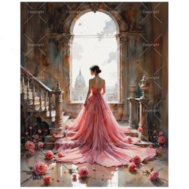 Imagem de Elegante kit feminino de pintura por números para adultos – DIY Lady in Pink Gown by Palace Window Painting on Canvas 40 x 50 cm, conjunto de tinta acrílica, adequado para iniciantes, arte para