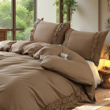 Imagem de Merryword Conjunto de edredom queen 100% algodão com babados, marrom escuro, chique, casa de fazenda, campo francês, fofo