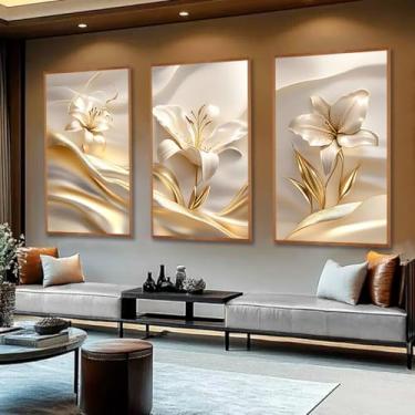 Imagem de Kit com 3 Quadros Decorativos 30x50 cm Floral Vibrante Contemporâneo com Moldura Retangular com 2cm de largura Natural, na posição Vertical, ideal para ambiente de Sala, Quarto e Hall. Tamanho dos quadros montado na parede 50x94cm.