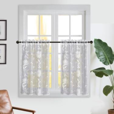 Imagem de GYROHOME Cortina transparente floral branca, bolso para varão de filtragem de luz, cortina de voile para cozinha, sala de estar, banheiro, janelas pequenas, 2 painéis 66 x 91 cm