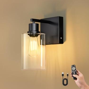 Imagem de Kimjo Arandela de parede operada por bateria com controle remoto, luz de parede sem fio recarregável por USB com lâmpada regulável e sombra de vidro, decoração de parede para quarto, banheiro