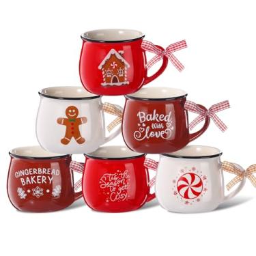 Imagem de Sawysine Conjunto de 6 canecas de café de Natal, caneca de cerâmica de 355 ml, presente de cacau quente para mãe, mulher, família, amiga, casa de fazenda (estilo chique)