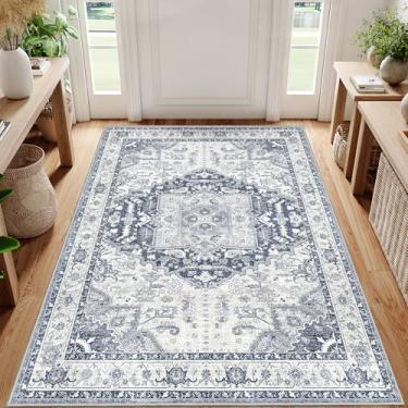 Imagem de xilixili Tapete de 7 x 12 cm, tapetes laváveis ultrafinos para sala de estar, tapete de entrada resistente a manchas, tapetes antiderrapantes, tapetes pequenos vintage (azul marinho/azul, 90 x 1,5 m)