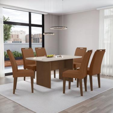 Imagem de Mesa Cairo 160x90cm Tampo Mdf e Vidro com 6 Cadeiras Evora Freijó/Marrom/Off White