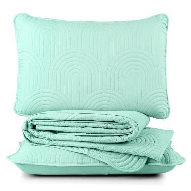 Imagem de Kit Cobre Leito Colcha Arcos Casal Padrão Dupla Face Matelado 200 Fios 3 Peças Verde