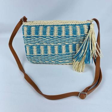 Imagem de Bolsa De Palha Artesanal Feminina Tiracolo Com Alça Transversal Moda Praia Verão Com Pom Pom azul