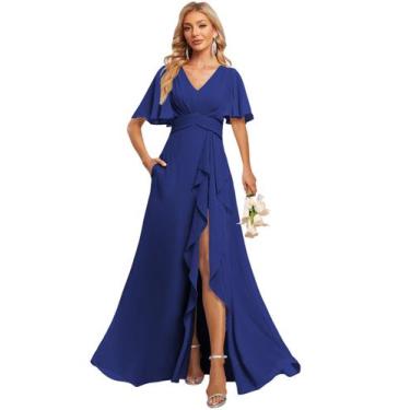 Imagem de Vestido de dama de honra Deamify Long Chiffon azul royal com decote em