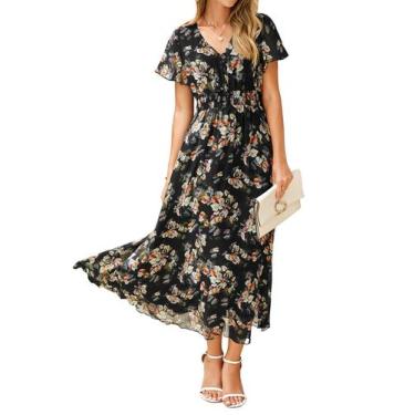 Imagem de Vestido maxi, roupa simples, floral, verão, chiffon, preto, feminino -