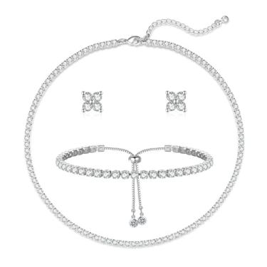 Imagem de Luxval Conjunto de colar de tênis para mulheres, pulseiras de tênis, brincos de diamante, colar de prata esterlina, joias de casamento para noivas, conjuntos de joias de prata para presente feminino