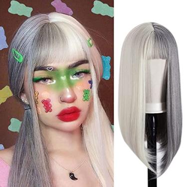 Imagem de ITTAYLER Peruca cinza e loira longa reta com franja para mulheres 45,7 cm peruca sintética de dois tons, metade cinza, meia loira, peruca dividida para cosplay, fantasia de Halloween