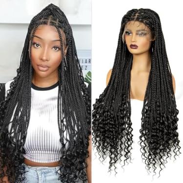 Imagem de A ANYTIME Perucas trançadas frontais de renda de 91 cm com extremidades encaracoladas sem nós para mulheres negras HD Lace Frontal Tranças de Cabelo Peruca de Cabelo Sintético Trançado com Cabelo de