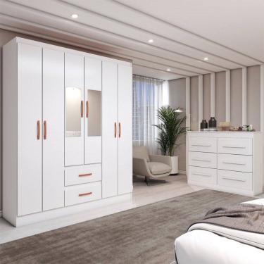 Imagem de Guarda-Roupa Solteiro Europa 6 Portas 2 Gavetas com Cômoda 6 Gavetas com Espelho Branco - Panorama Móveis