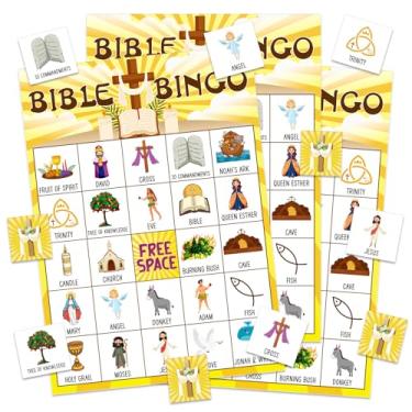 Imagem de GMEMNOV Jogo de bingo bíblico para adultos - 24 jogadores, cartas de bingo cristãs, atividades religiosas, para férias em família, escola bíblica, igreja, família, dia aberto, suprimentos de férias