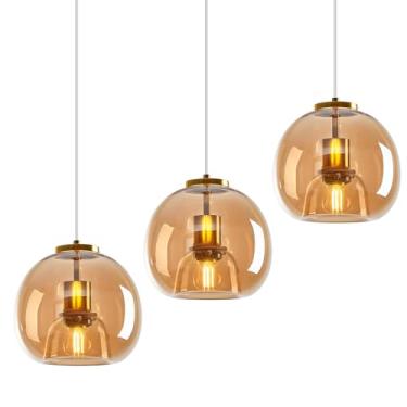 Imagem de LBSQJ Luzes pendentes de vidro âmbar ilha de cozinha luminária suspensa dourada globo de vidro luminária pendente moderna para cozinha ilha quarto sala de jantar (20 cm, 3 unidades)