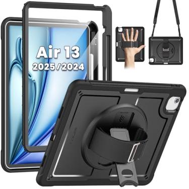 Imagem de SEYMAC Capa para Air 13 polegadas M2 (2024), capa protetora à prova de choque com protetor de tela, suporte giratório de 360°, alça de mão/ombro para iPad Air 13 2024, preta