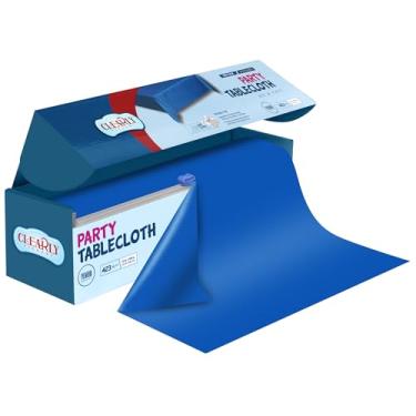 Imagem de Clearly Elegant Toalha de mesa de plástico azul com cortador, 132 cm x 2,999 cm, capa de mesa descartável extra grande, toalha de mesa de plástico descartável para festas, eventos e reuniões ao ar