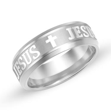 Imagem de Vivaday Anel com símbolo de fé Jesus com cruz | Oração Cristã Moderno Vintage Anéis Religiosos | Unissex Ideal para Páscoa/Natal YA6266, Medium, Metal, Sem pedra preciosa