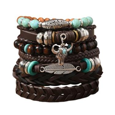 Imagem de Dreuyet Pulseiras ocidentais para mulheres e homens, vintage, boêmia, empilhável, turquesa, miçangas, pulseira elástica rústica com pingente de cabeça de vaca, joia de caubói country, Adjustable