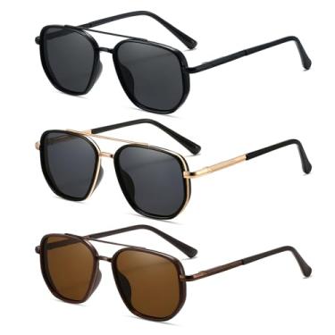 Imagem de MASDUN Óculos de sol aviador polarizados para mulheres, armação quadrada, retrô, óculos de sol com proteção UV400 (pacote com 3), Preto + dourado/preto + marrom café