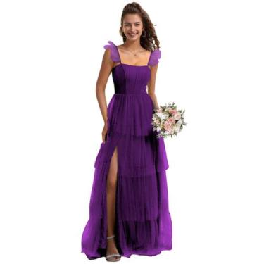 Imagem de Vestido de damas de honra LANGKAAO, tule, ameixa, linha A, gola quadra
