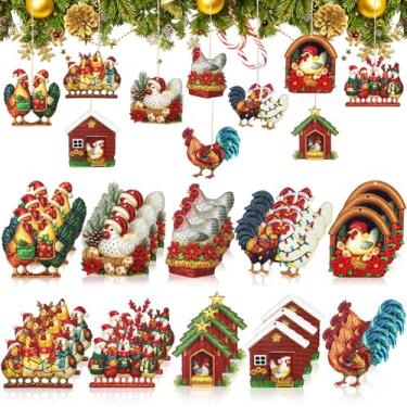 Imagem de Amyhill Conjunto de 30 peças de enfeites de madeira de galinha de Natal engraçados, chapéu de Papai Noel, cachecol, lanternas, enfeite de pintinho de fazenda, decoração de árvore (fofo)