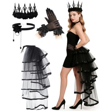 Imagem de Janmercy Conjunto de 4 peças para fantasia gótica de Halloween Steampunk vitoriana preta rainha tule saia coroa para festa de bruxa de Halloween (estilo steampunk)