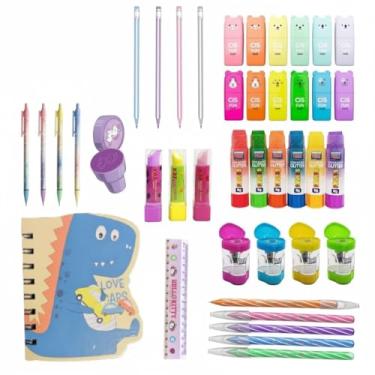 Imagem de Kit Material Escolar 18 Itens Papelaria Fofa Colorido Pastel Caderno Lápis Marca Texto Aluno Kawaii