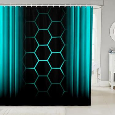 Imagem de Cortina de chuveiro favo de mel, preto e azul-petróleo, cortinas neon para decoração de quarto de crianças, meninos, adolescentes, geométrico, ombré, hexágono, acessórios à prova d'água com 12 ganchos