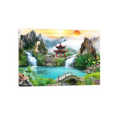 Imagem de BMZFYBS Impressão em tela moderna - imagem de arte de parede de paisagem - ponte do lago da montanha - pôster para sala de estar, decoração de casa, pronto para pendurar, tela emoldurada de 60 x 85 cm