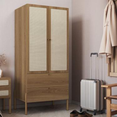 Imagem de Conjunto Guarda-roupa 2 Portas 2 Gavetas e Mesa de Cabeceira 2 Gavetas Palhinha Pé Madeira Hanover