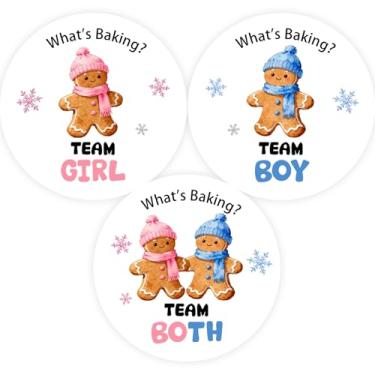 Imagem de 60 adesivos de revelação de gênero de pão de gengibre, adesivos de equipe, menino, equipe, meninas, meninas, jogos, votação, meninos ou meninas, para lembrancinhas de festa de Natal para chá de bebê