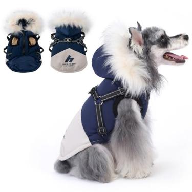 Imagem de PINA Casaco de inverno para cães pequenos, médios e grandes, jaqueta de inverno impermeável para cães com arnês embutido, casaco de clima frio para filhotes com capuz de pelúcia, roupa de neve quente