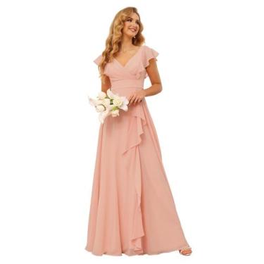 Imagem de Vestido de dama de honra TIRAS Dusty Rose Chiffon com babados e manga 