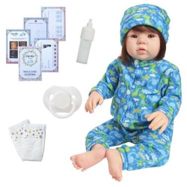 Imagem de Boneco Reborn Bebê Silicone Cabelo Fio a Fio Pijama Dino - Cegonha Reb