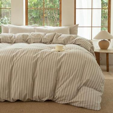 Imagem de BESTDESIL Conjunto de capa de edredom listrado 100% algodão lavado, como roupa de cama macia e respirável (listra-bege/branco, solteiro)