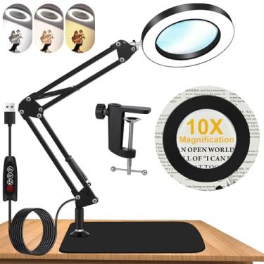 Imagem de 10X Magnifying Glass with Light and Stand, Dimmer Adjustable Swing Arm 2-in-1 Desk Lamp and Clamp, LED Lighted Desk Magnifier with Light for Craft Reading Repair Painting Close Work