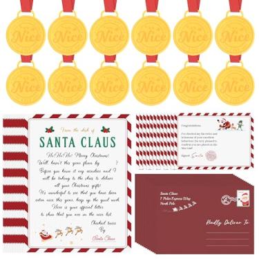 Imagem de TICIAGA Pacote com 12 Cartas Oficiais de Natal e Certificado do Papai Noel, Medalha de Lista de Bonitos de Papai Noel Incluídos com Certificado de Fita de Pescoço Vermelho Pólo Norte e Envelopes para