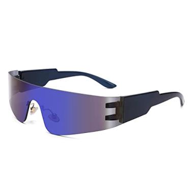 Imagem de Óculos de sol Y2K para mulheres, homens, modernos, sem aro, futuristas, óculos escuros modernos, Espelhado preto/azul, Medium