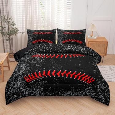 Imagem de NINENINE Jogo de cama solteiro de beisebol, preto para meninos, 2 peças, conjunto de edredom esportivo infantil para meninos com 1 fronha