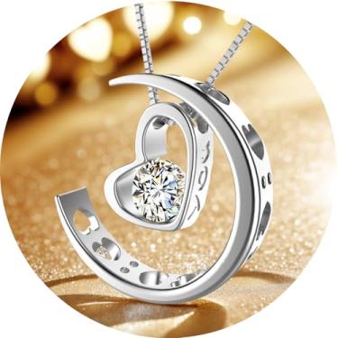 Imagem de Colar com pingente e lua crescente para mulheres, joia romântica de cristal, presente sentimental para aniversário de dia dos namorados ou uso diário, F, Aço inoxidável e cristal, Sem Pedra Preciosa